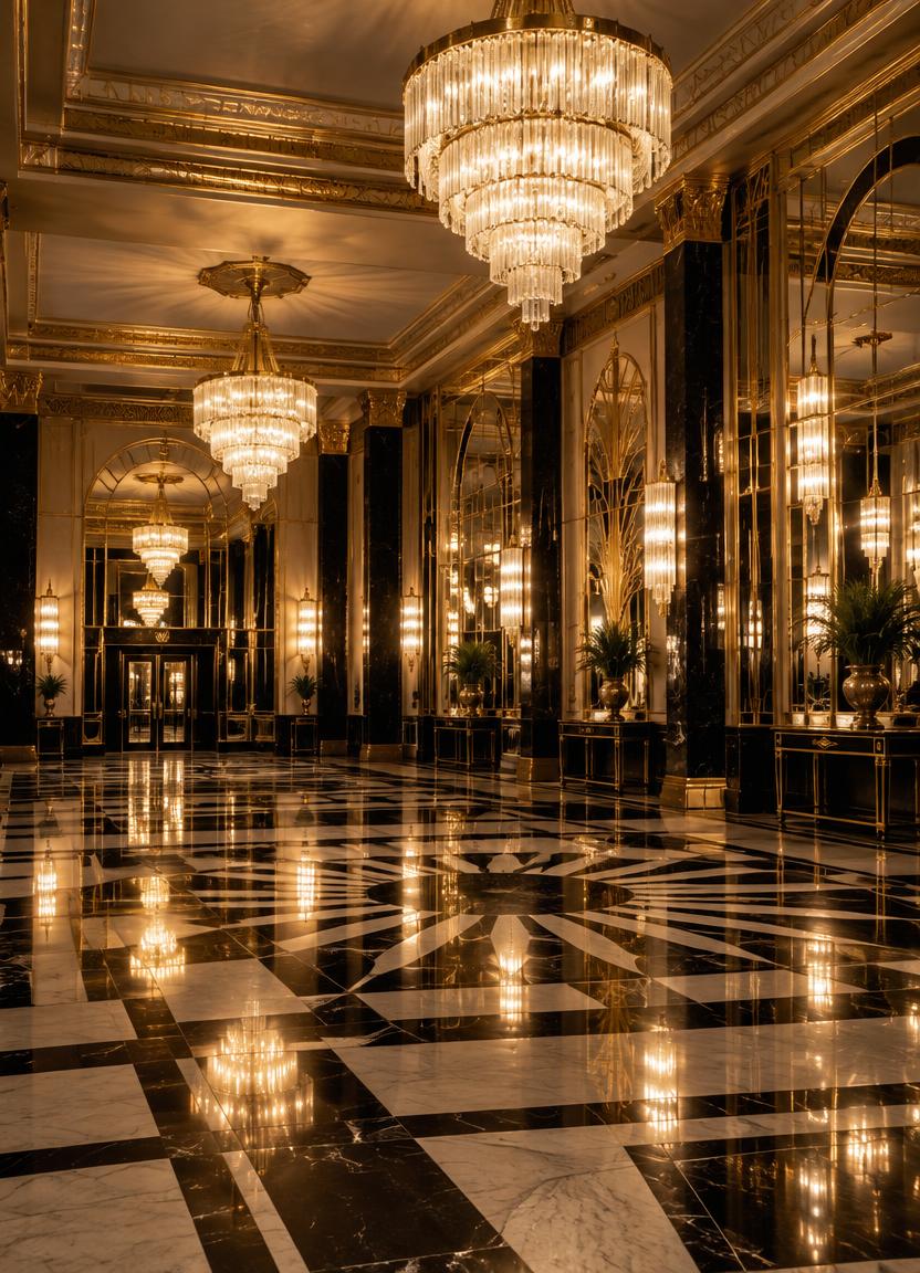 A chandelier-lit Art Deco ballroom