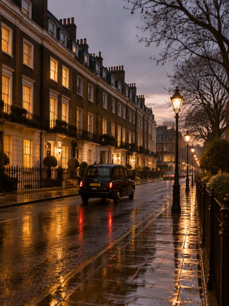 A Mayfair street at dusk in the rain
